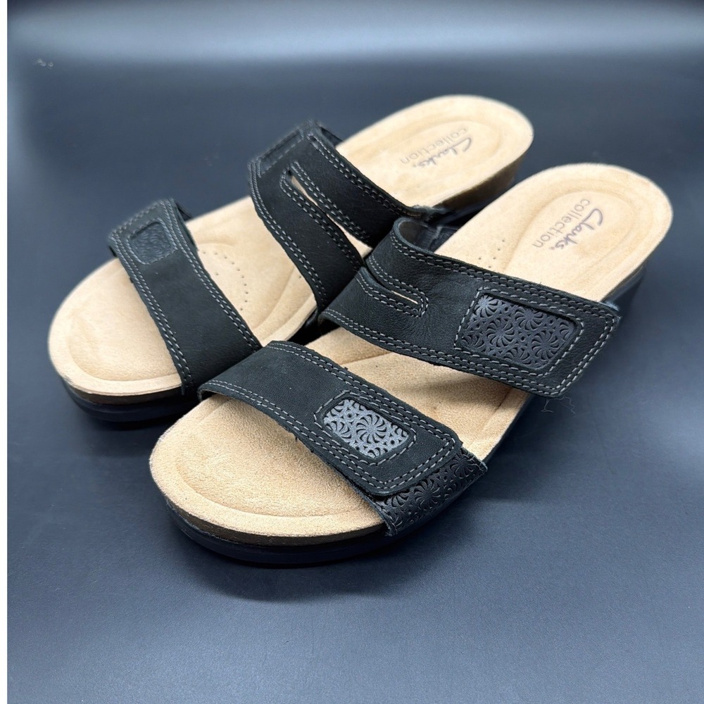 Clarks Collection Calenne Maye Black Leather Slide Sandals Womens 8.5 M Wedge